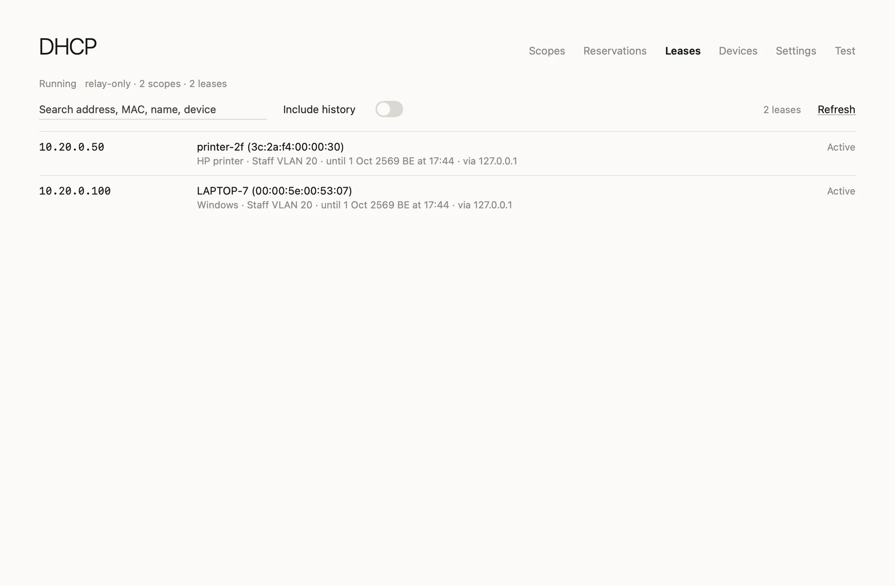LabDC showing DHCP leases