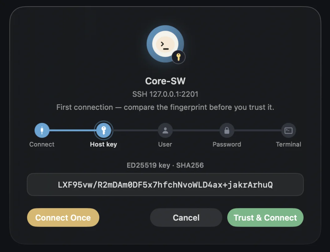 Connection card asking to trust an ED25519 host key, with a stage track, on macOS