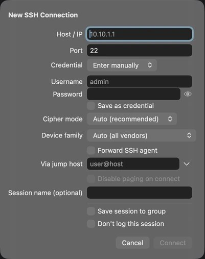 The New SSH Connection sheet on macOS with the Don't log this session checkbox