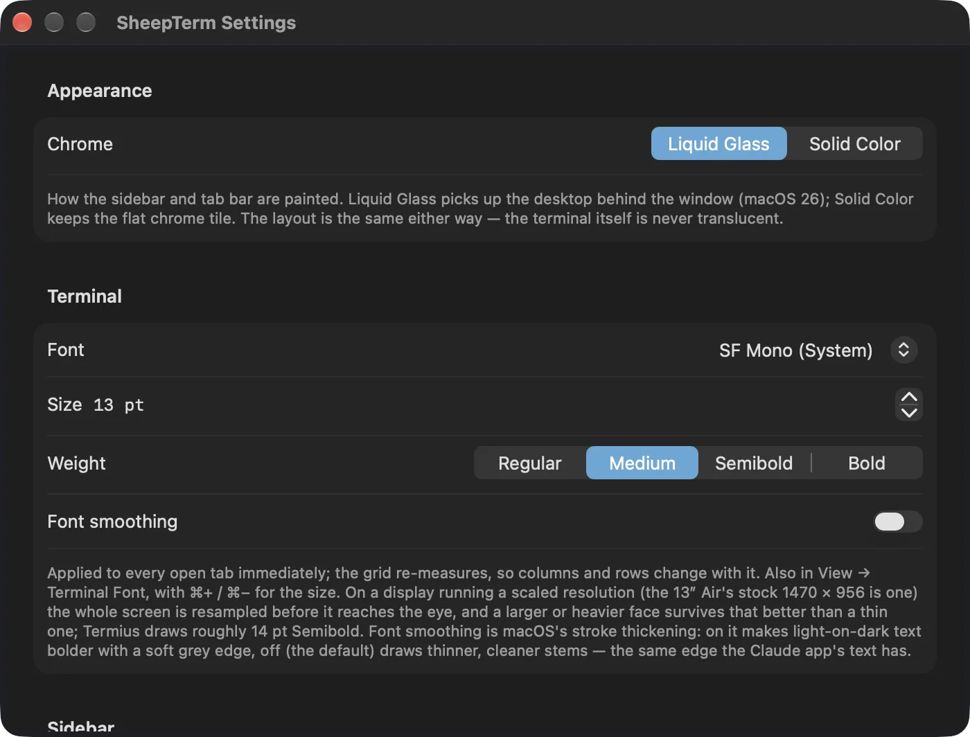 SheepTerm Settings window showing Appearance and Terminal options