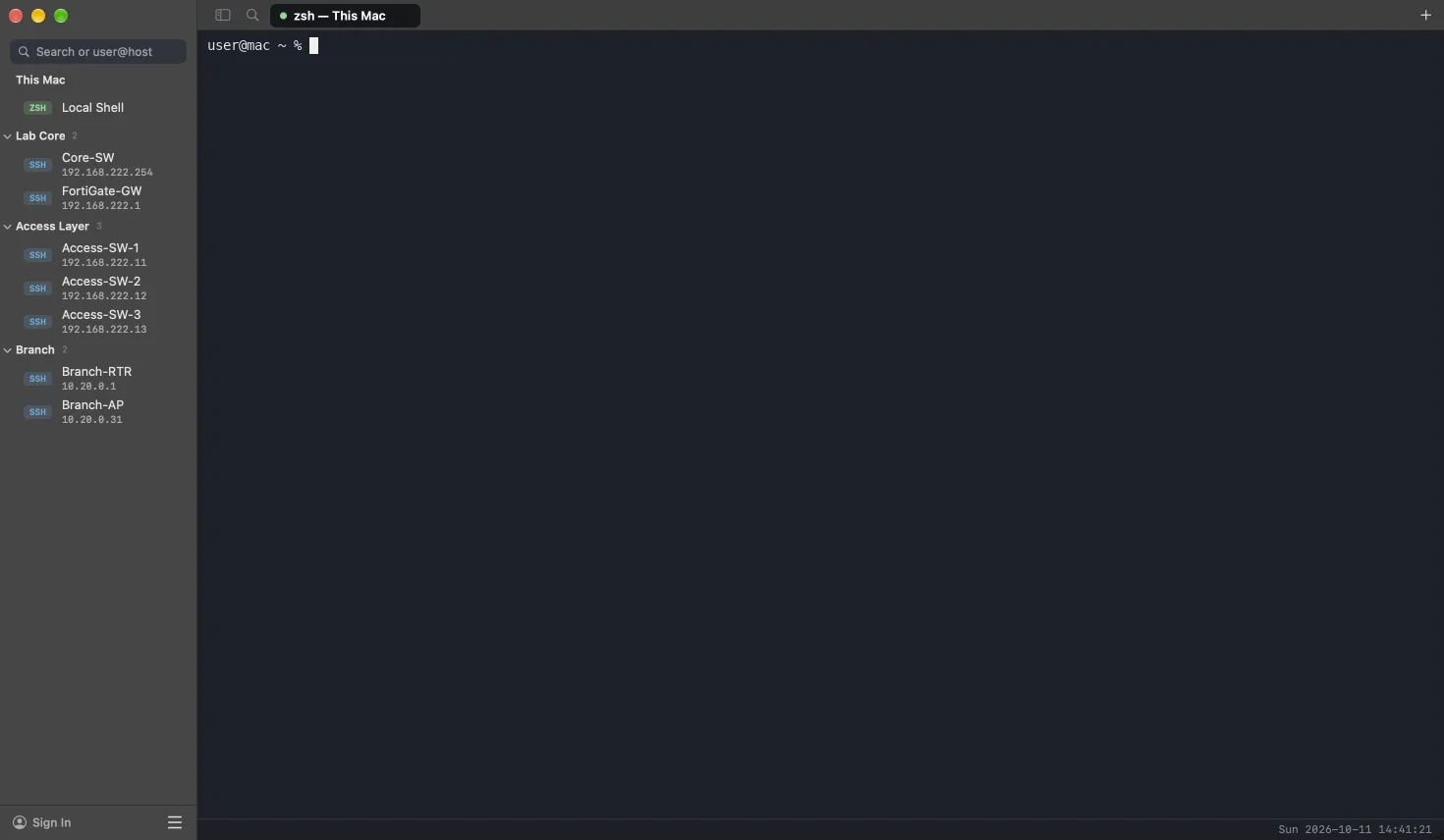 Sidebar with Lab Core, Access Layer and Branch groups of SSH hosts, on macOS