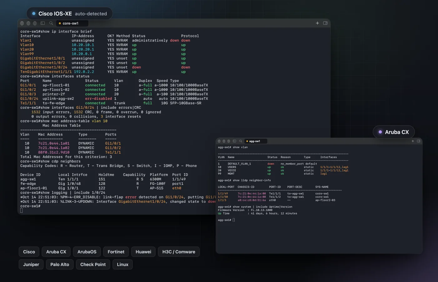 Two terminal panes with Cisco IOS-XE and Aruba CX output coloured by vendor, with sample data