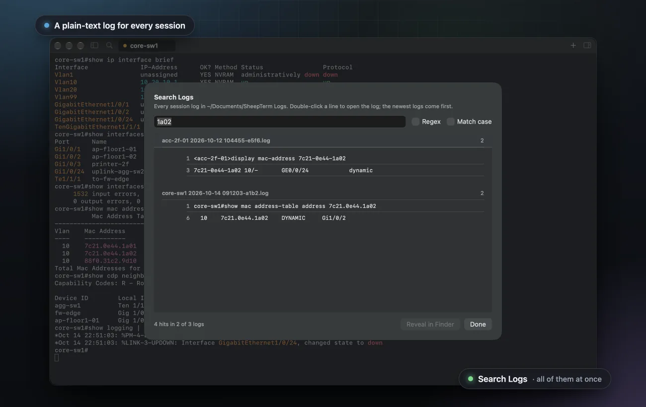 The Search Logs window finding a MAC address in two session logs, with sample data