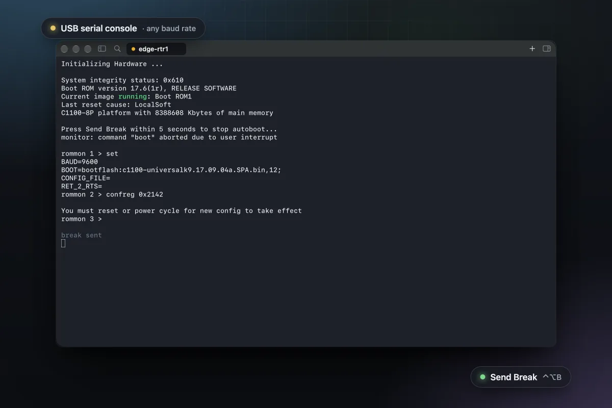 A serial console tab showing a router stopped at the boot monitor after Send Break, with sample data