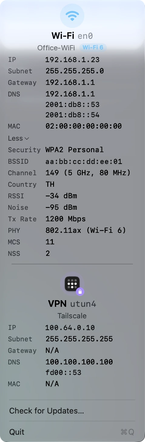 The SheepTap popover with the Wi-Fi More section expanded