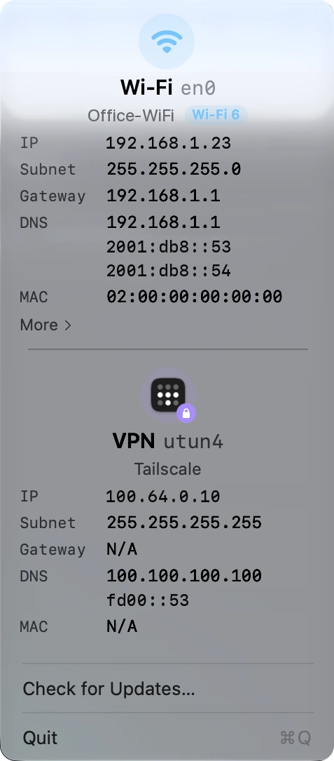The SheepTap menu-bar popover with a Wi-Fi card and a VPN card