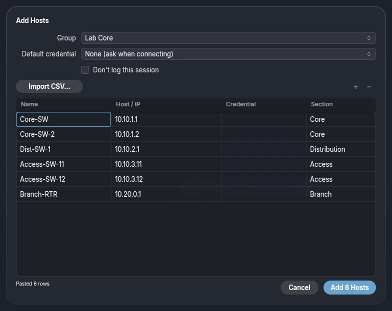 The Add Hosts sheet with six pasted hosts in a grid, ready to add to the Lab Core group