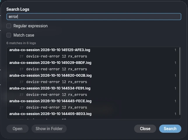 The Search Logs window listing matches grouped by log file