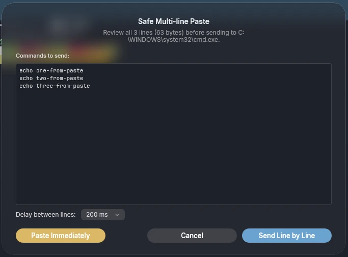 Safe Multi-line Paste dialog listing three commands and a delay setting