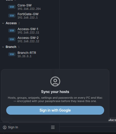 Sign in with Google card in SheepTerm