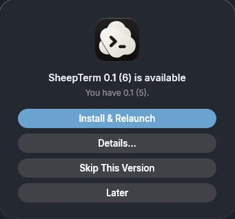 The update offer card with Install and Relaunch, Details, Skip This Version and Later